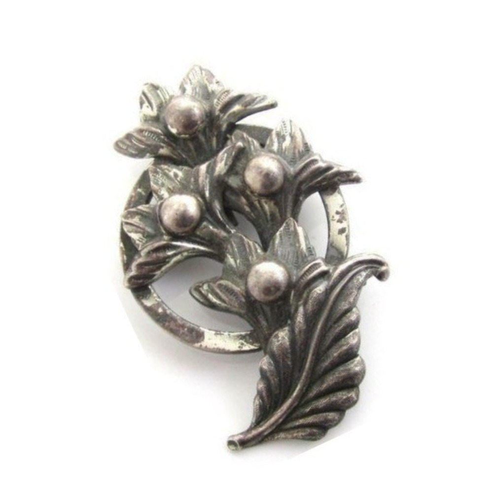 Vintage Art Nouveau Revival Floral Flower Bouquet Silver Repousse Brooch Pin* 2"